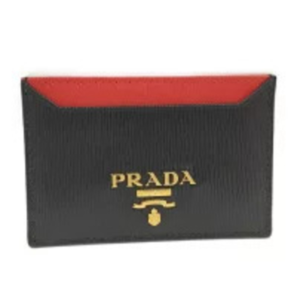 Prada Card Case Wallet Saffiano Leather Black Red